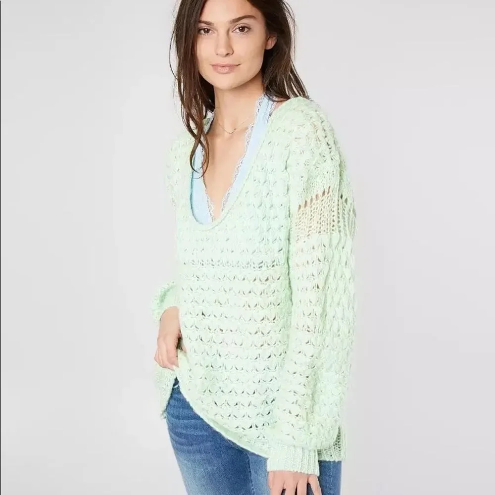 Free People Crashing Waves Wool Blend Open Knit Sweater in Mint Size Medium